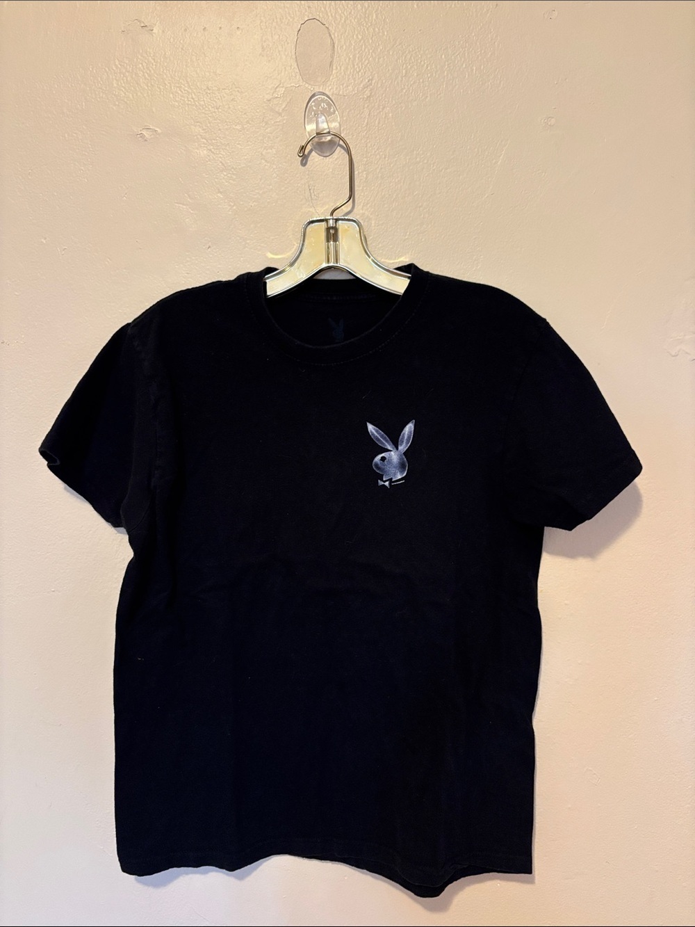 PLAYBOY Black Short Sleeve Tee with Silver Bunny Patch